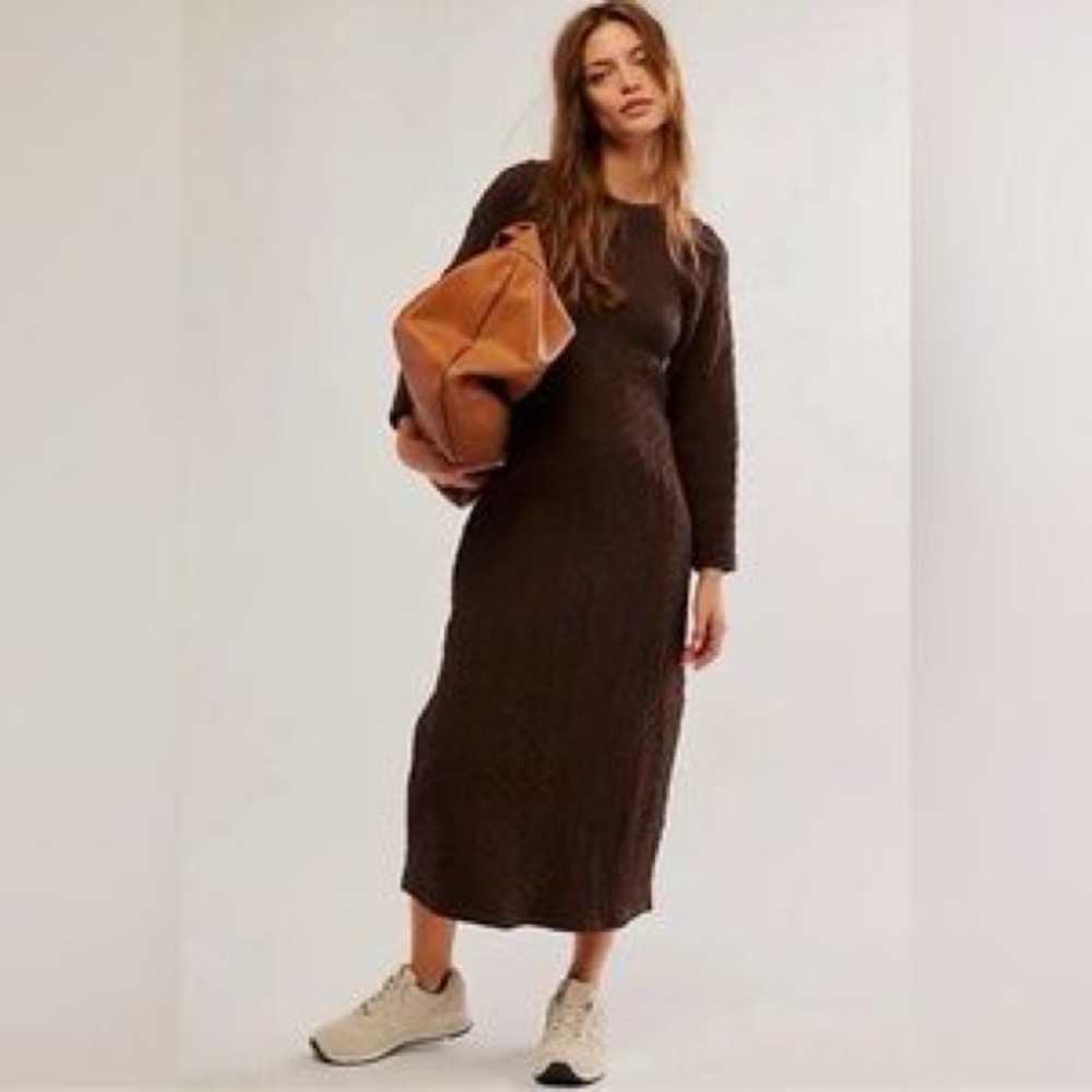 NWOT FREE PEOPLE MIDI SWEATER DRESS GABBY SEAMLESS BROWN STRETCHY RETRO - XS•M/L